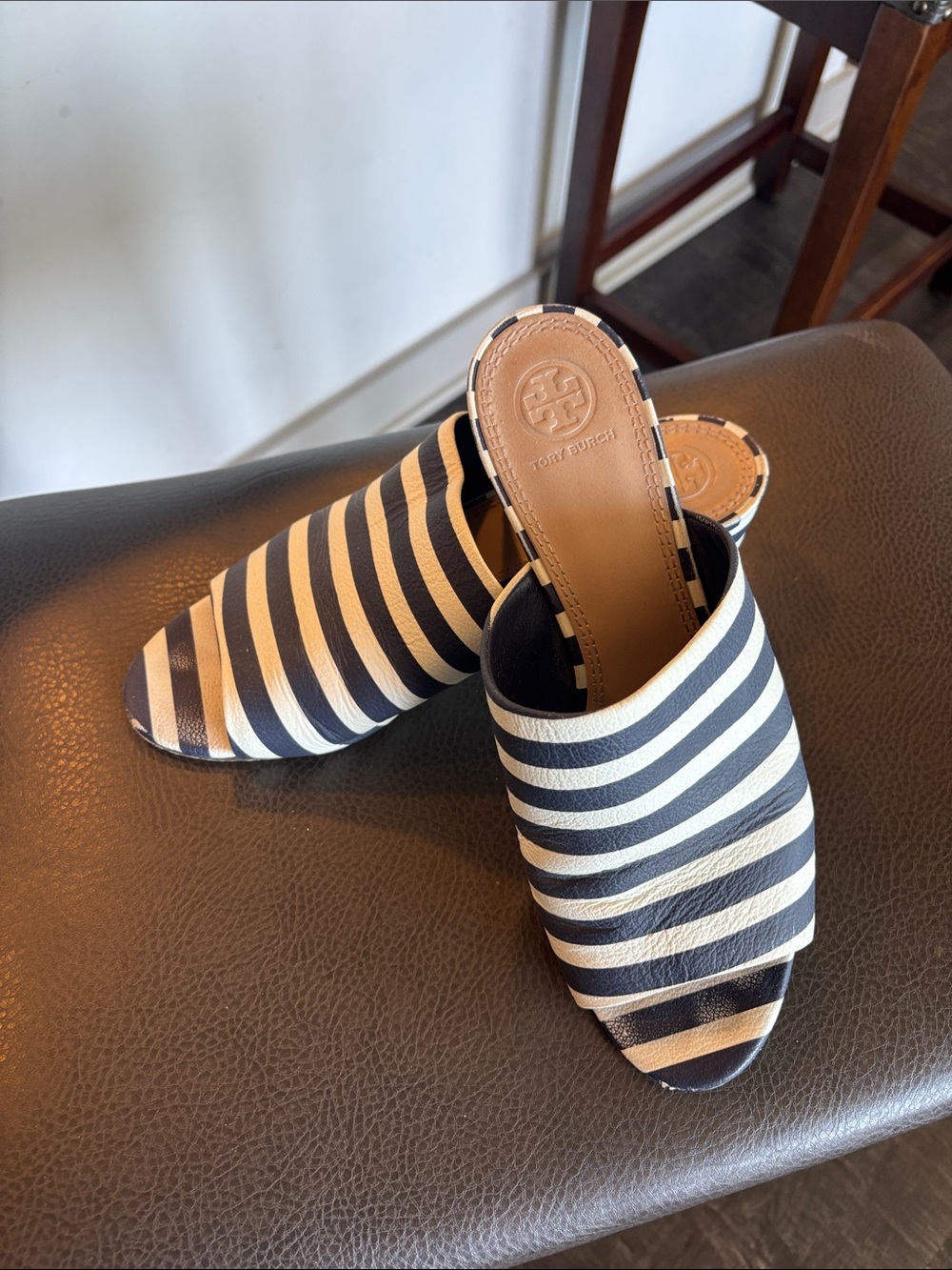 Tory Burch Navy and White Striped Mule Slides